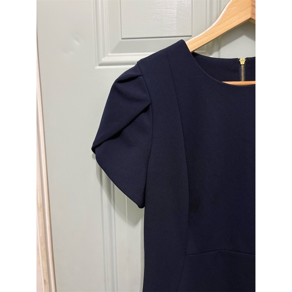Calvin Klein Dress Womens Size 8 Navy Blue Sheath Midi Tulip Sleeve Zip - Picture 2 of 10